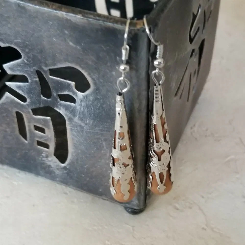 Hand Crafted Victorian Style Brown Wood Silver Filigree Teardrop Earrings - Picture 5 of 7